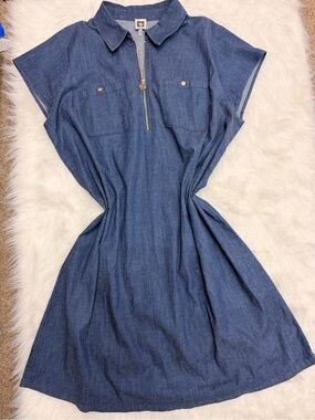 Anne Klein Denim-Style Midi Dress in Blue with Zip Front